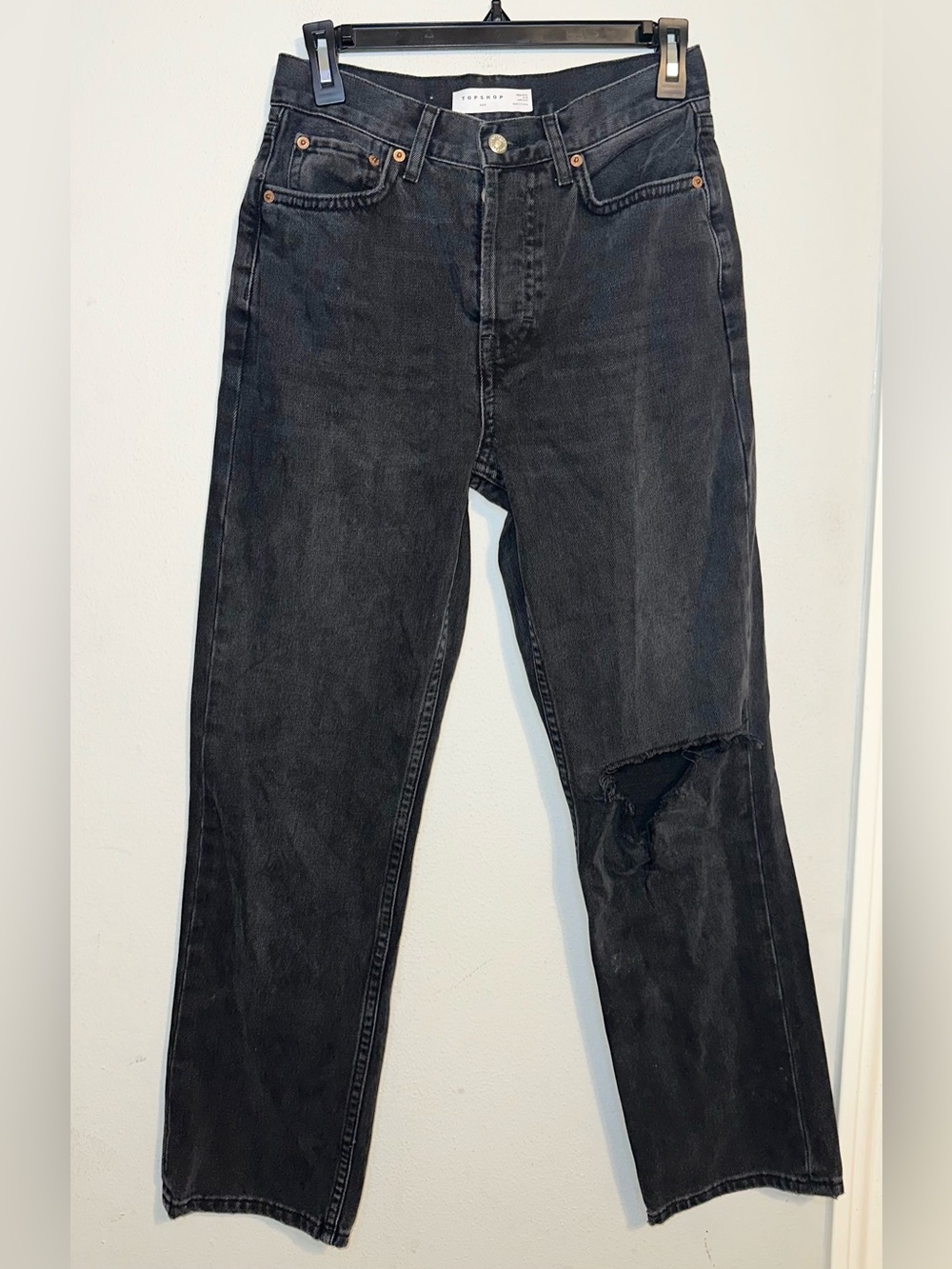 Topshop Black Straight Leg Jeans with Knee Rip